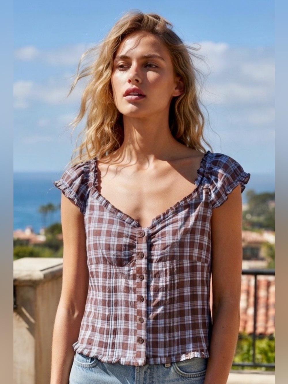 Plaid Button-Front Top w/Scoop Neckline & Ruffled Cap Sleeves in Brown & Blue M
